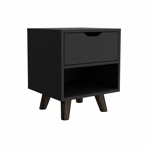 Crail Nightstand with 1 Open Storage Shelf. 1 Drawer and Wooden Legs- Black, Tuhome, Mfr#: MLW9052